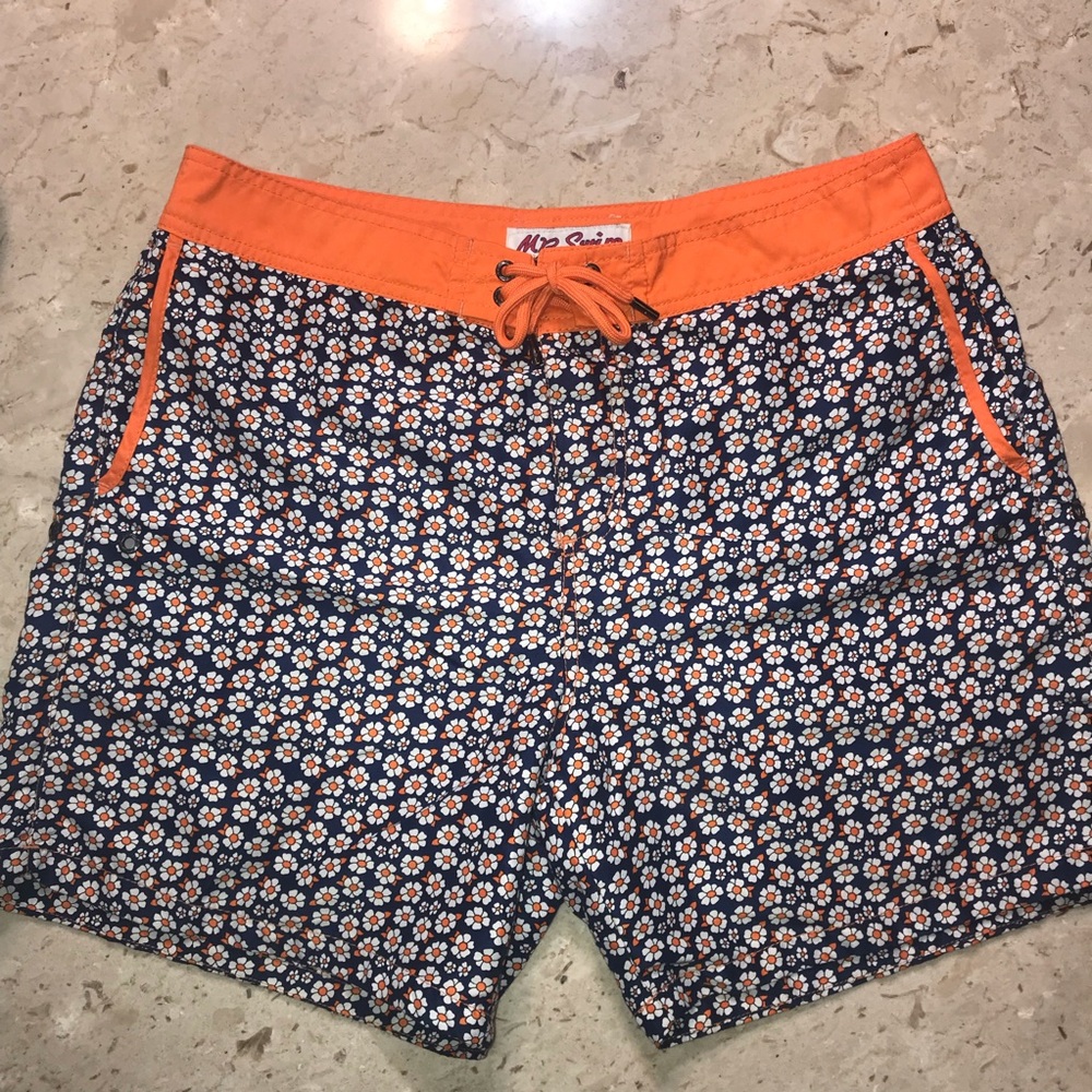Mr. Swim Blue Orange White Flowers Drawstring Lined Floral Swim Trunks Size 36
